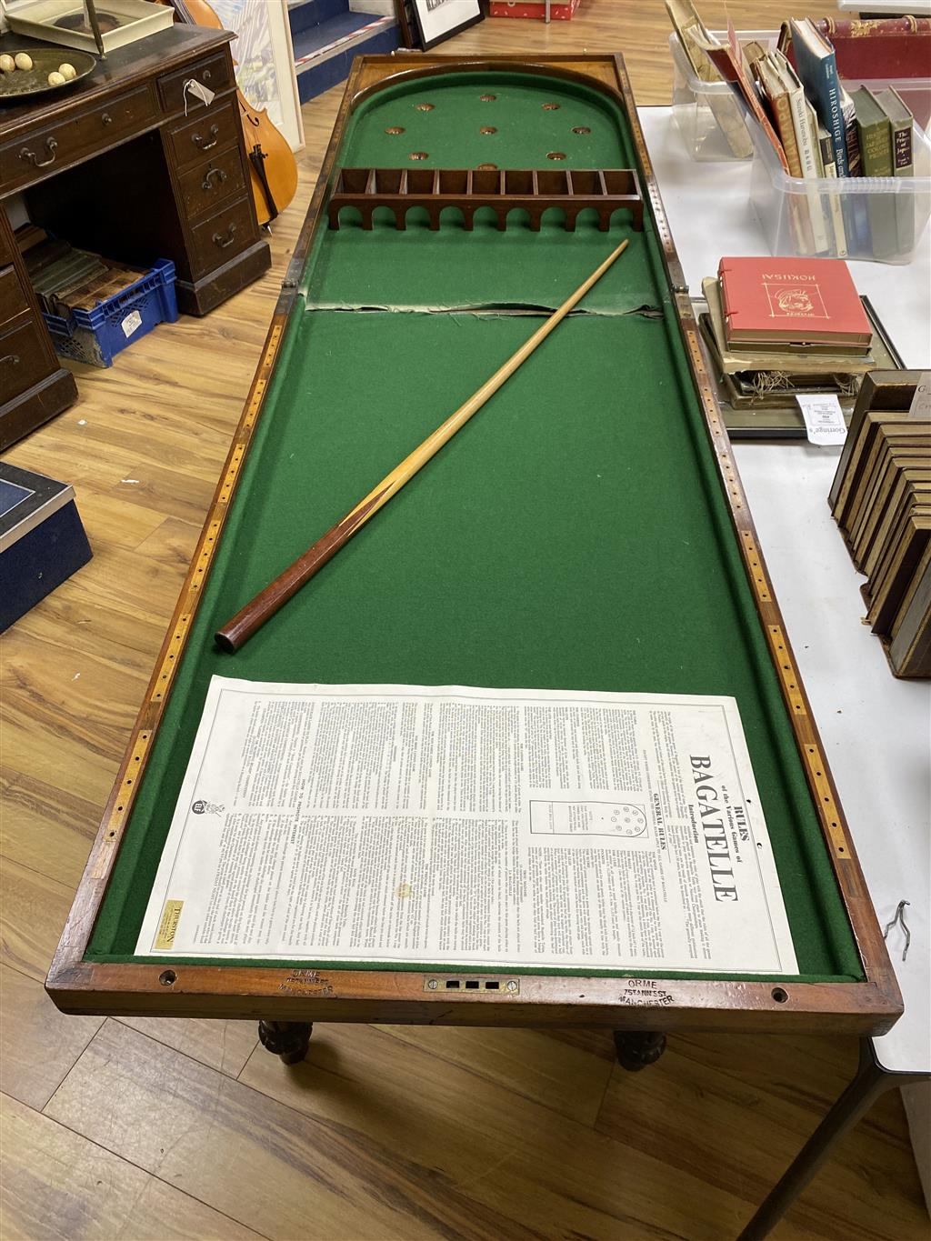 An early Victorian mahogany bagatelle table, width 120cm, depth 64cm, height 90cm